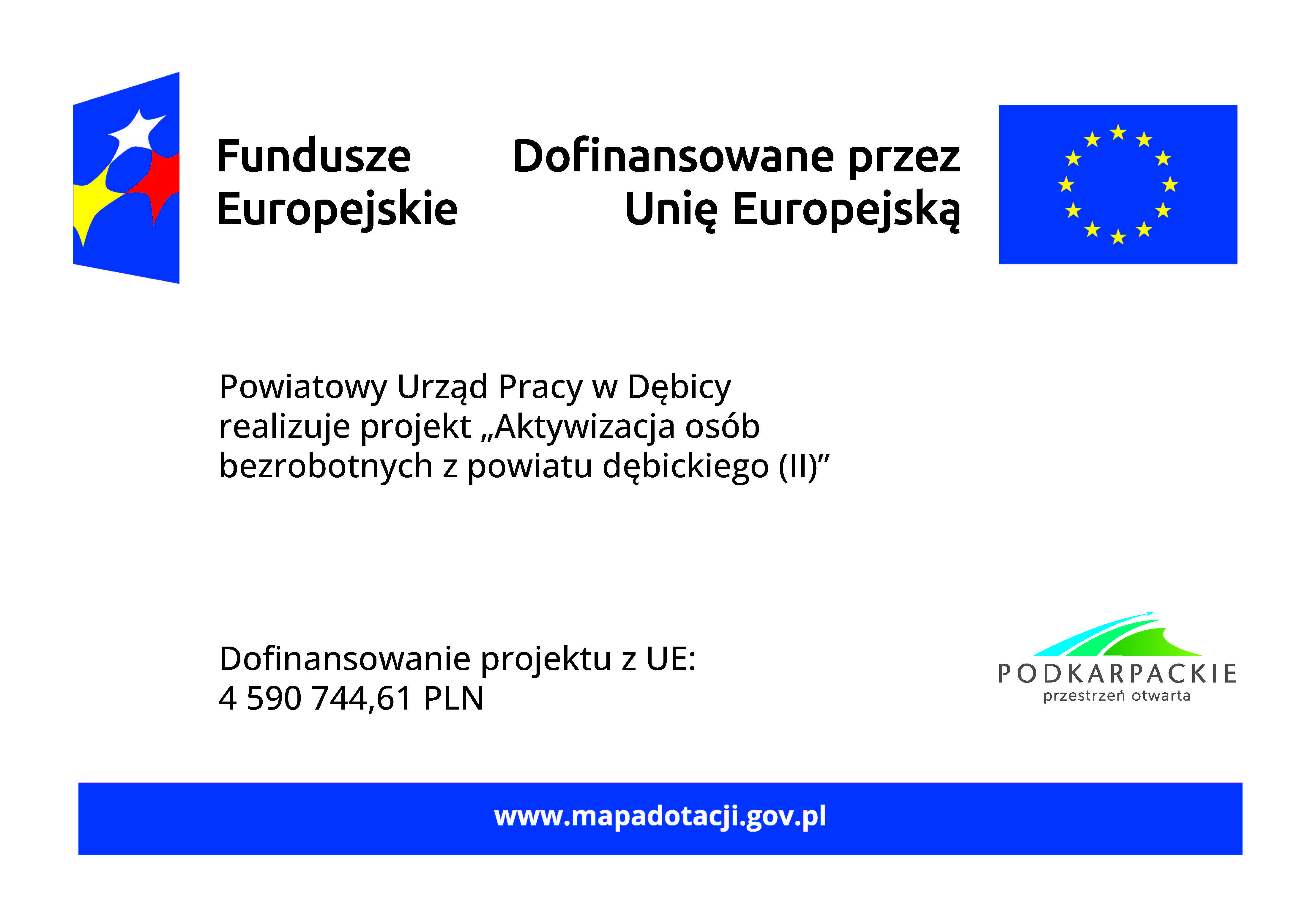 Plakat na białym tle zawiera znak Funduszy Europejskich, znak Unii Europejskiej 12 żółtych gwiazdek na granatowym tle oraz oficjalny znak marki województwa podkarpackiego trzy w różnych odcieniach zieleni drogi zakręcające w prawo, nazwę beneficjenta Powiatowy Urząd Pracy w Dębicy, tytuł projektu Aktywizacja osób bezrobotnych z powiatu dębickiego II, wysokość dofinansowania projektu z Unii Europejskiej tj. 3 860 627,69 PLN oraz adres portalu www.mapadotacji.gov.pl