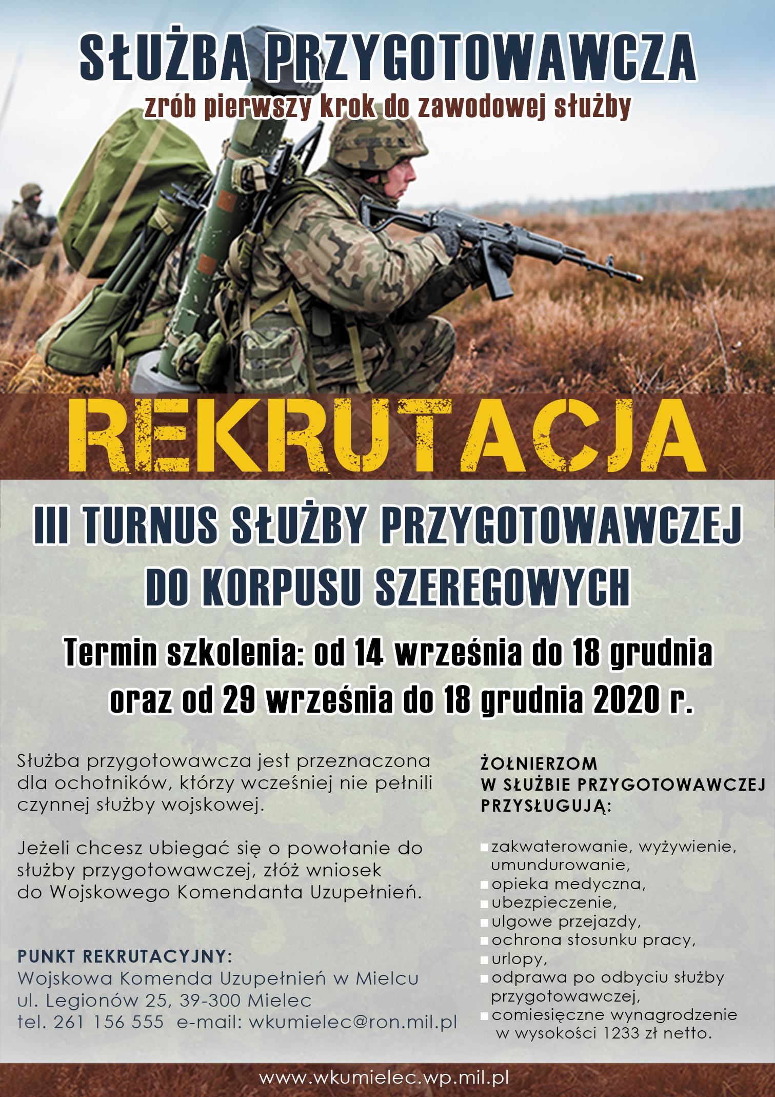 Plakat informujący o służbie przygotowawczej organizowanej przez WKU MIELEC