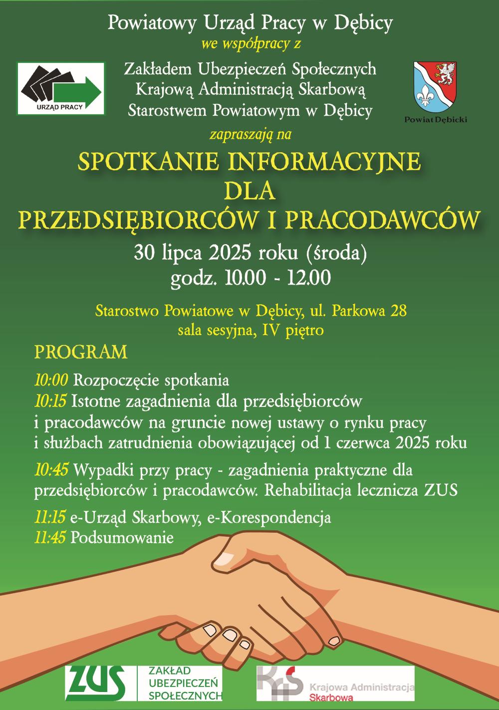 Spotkanie informacyjne dla Pracodawców i Przedsiębiorców - plakat informacyjny