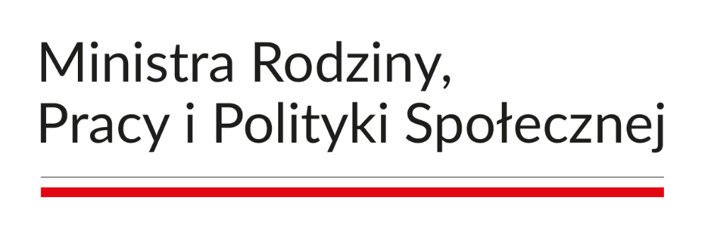 tekst Ministra Rodziny, Pracy i Polityki Społecznej oraz poniżej pasek w kolorze flagi Rzeczypospolitej Polskiej w kolorze biało czerwonym